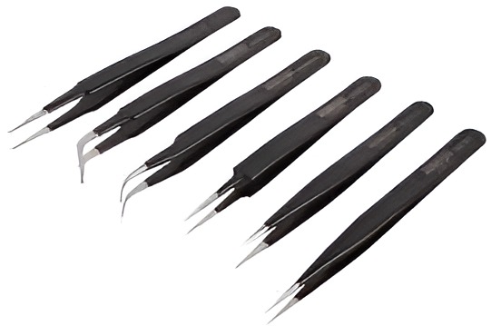 Tweezer ESD Set with 6 Tweezers, PET Stainless Steel Body, Stainless Steel Tip (Source)