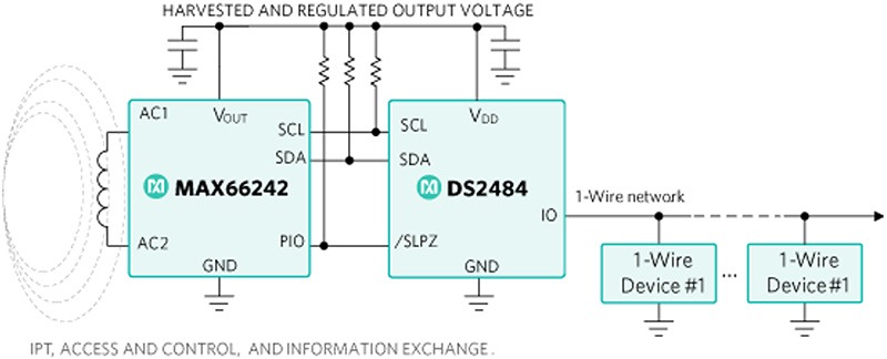 The MAX66242 powers the DS2484 and 1-Wire devices through VOUT.